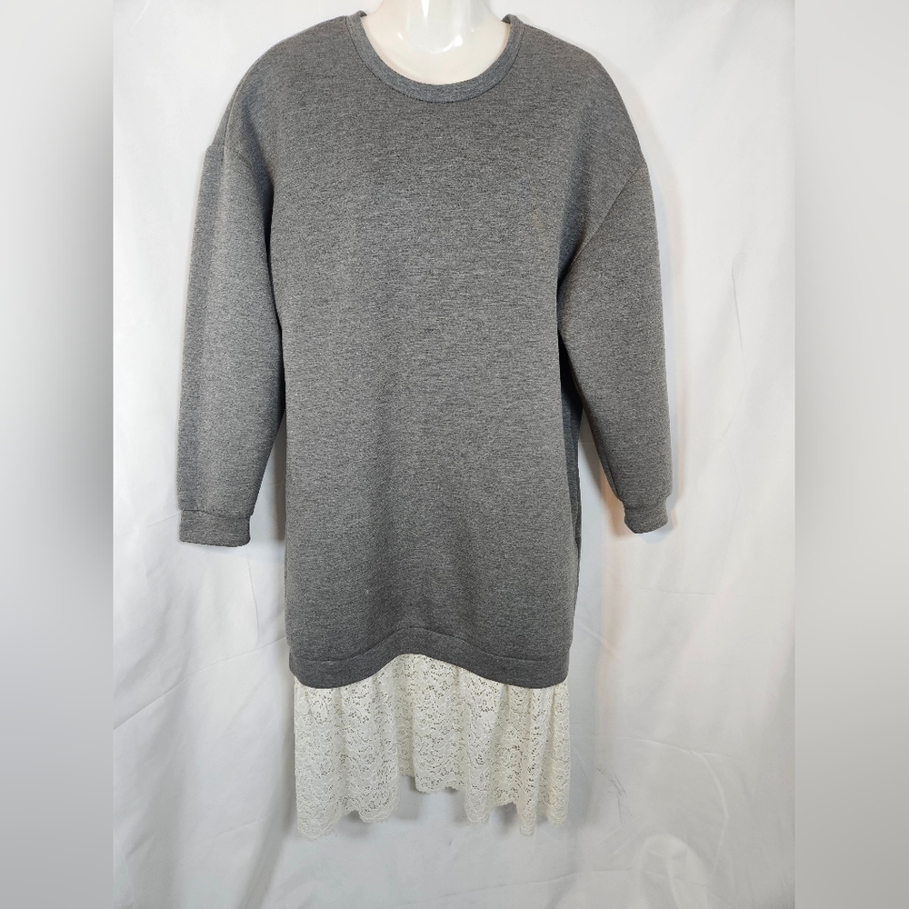 ZARA Trafaluc Gray Sweatshirt Dress Lace Hem | Size L | Casual Oversized Tunic